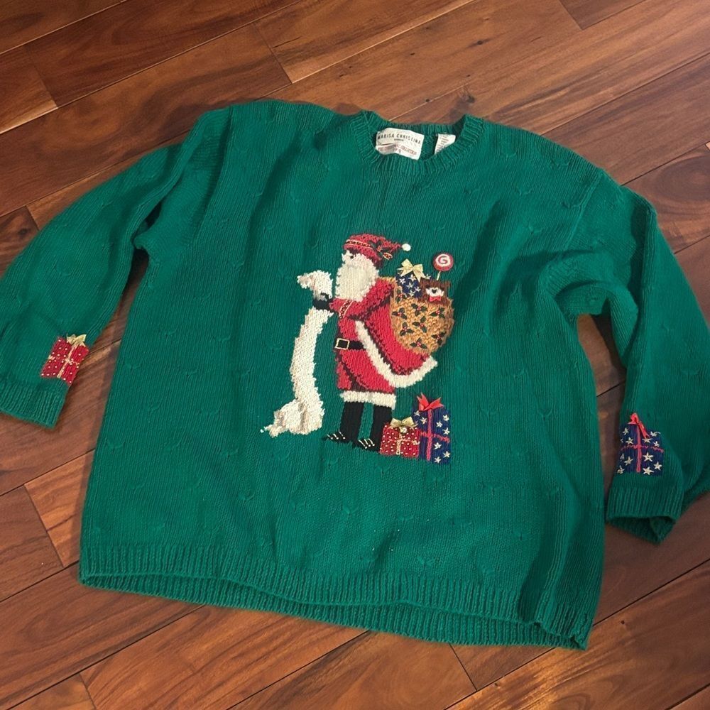 Vintage Marisa Christina Festive Green Sweater with Santa Design